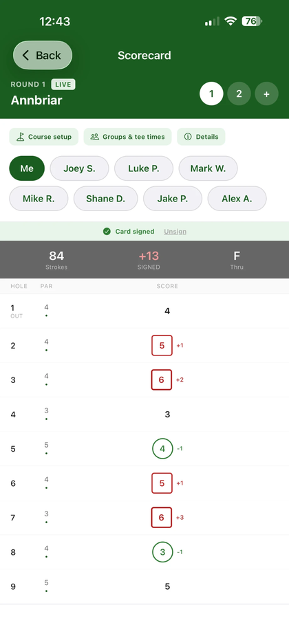Hole-by-hole scorecard with signed card